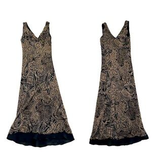 👗🏛️ ICE Vintage 100% Silk Maxi Dress | Black & Gold Paisley | Women’s Size 10